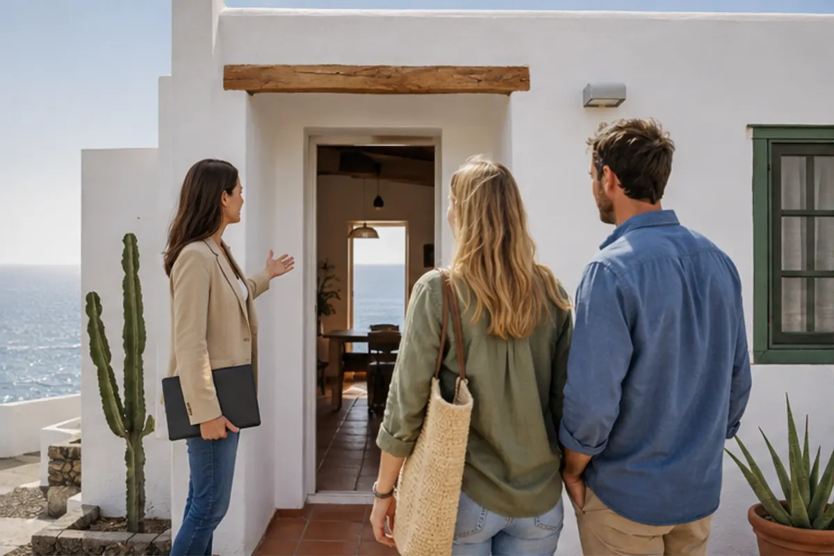 Compradores visitan una vivienda en Canarias con una asesora